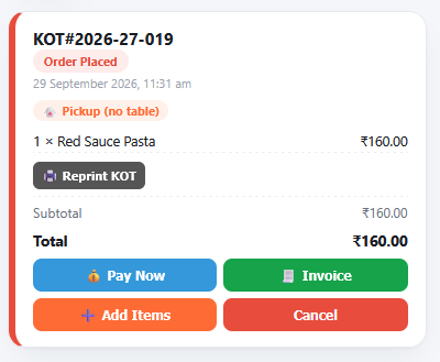 Live KOT Tracking screen