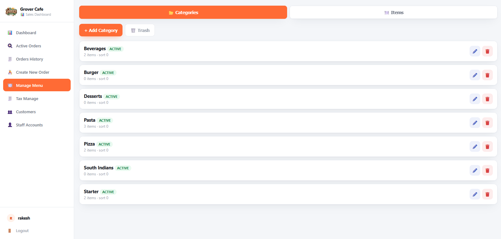 Menu Management screen
